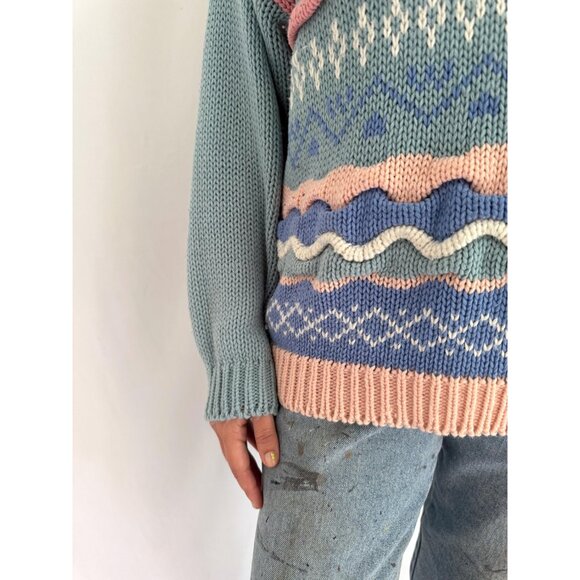 80s vintage pink blue pastel striped textured grandma cottage ugly knit sweater - Picture 7 of 8